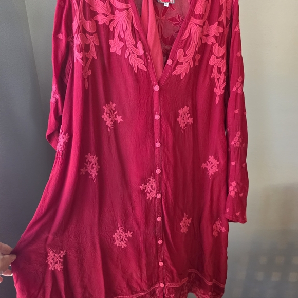 Johnny Was Red Embroidered Midi Dress. 39" long, chest is 22". - Picture 11 of 13